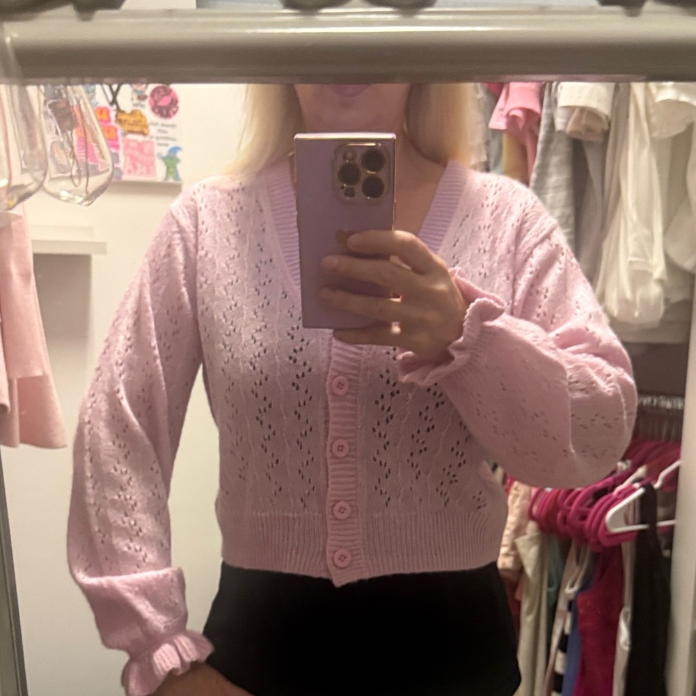 Light Pink Eyelet Crop Cardigan Sweater